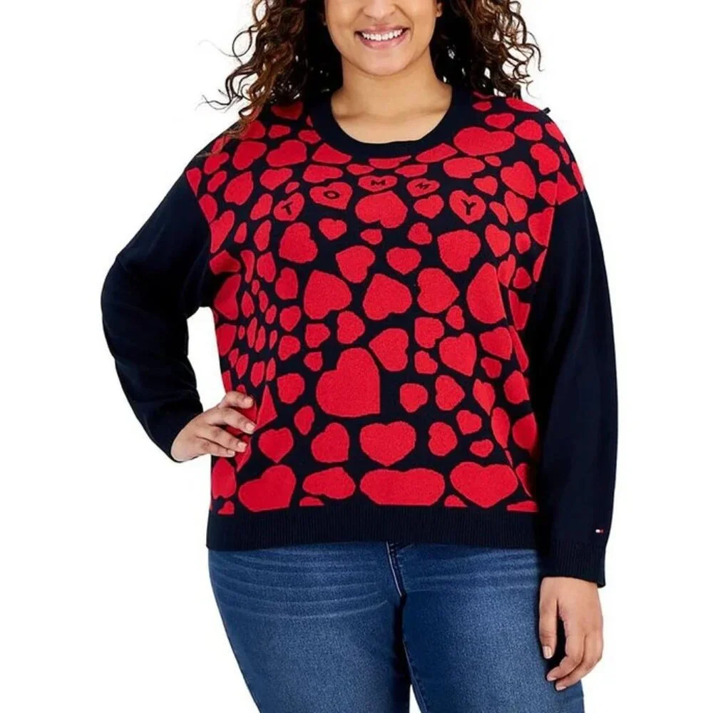 NWT Tommy Hilfiger Heart Print Navy Blue Crewneck Sweater Plus Size 1X - Picture 1 of 2